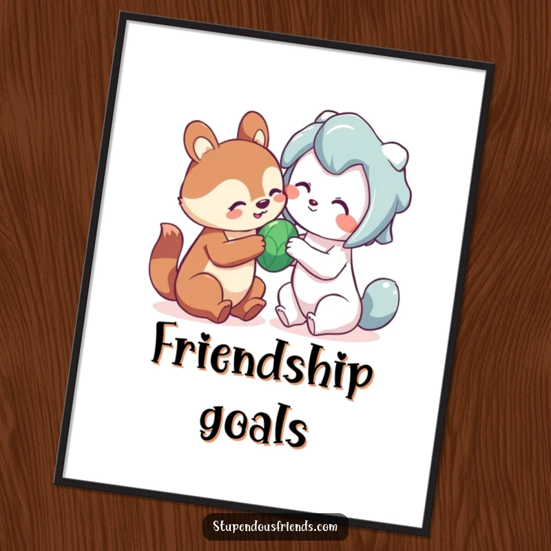 Funny sharing animal poster featuring a cute creature playfully sharing a toy with a friend, emphasizing kindness.