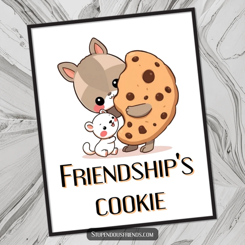 Funny Poster art depicting an animal generously sharing a large cookie with a smaller friend, emphasizing kindness and friendship.