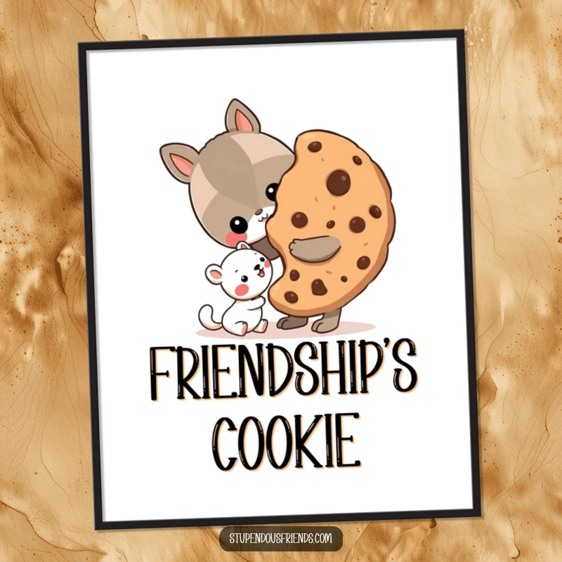 Funny Poster art depicting an animal generously sharing a large cookie with a smaller friend, emphasizing kindness and friendship.