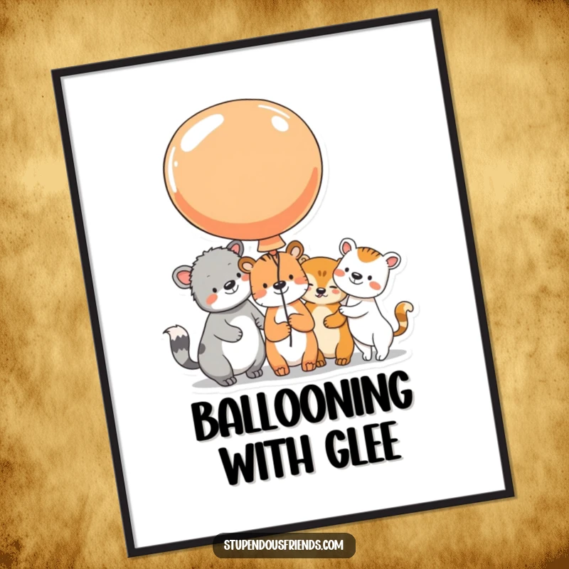 Funny Poster showcasing animal characters sharing a large, colorful balloon, their beaming faces conveying infectious happiness and playful friendship.