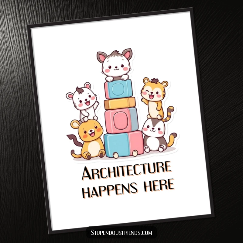 Funny poster showcasing a joyous scene of animals smiling broadly while constructing a tower of colorful blocks.