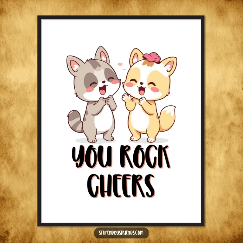 Funny poster showing an animal character giving enthusiastic cheers to another, symbolizing strong support and friendship.
