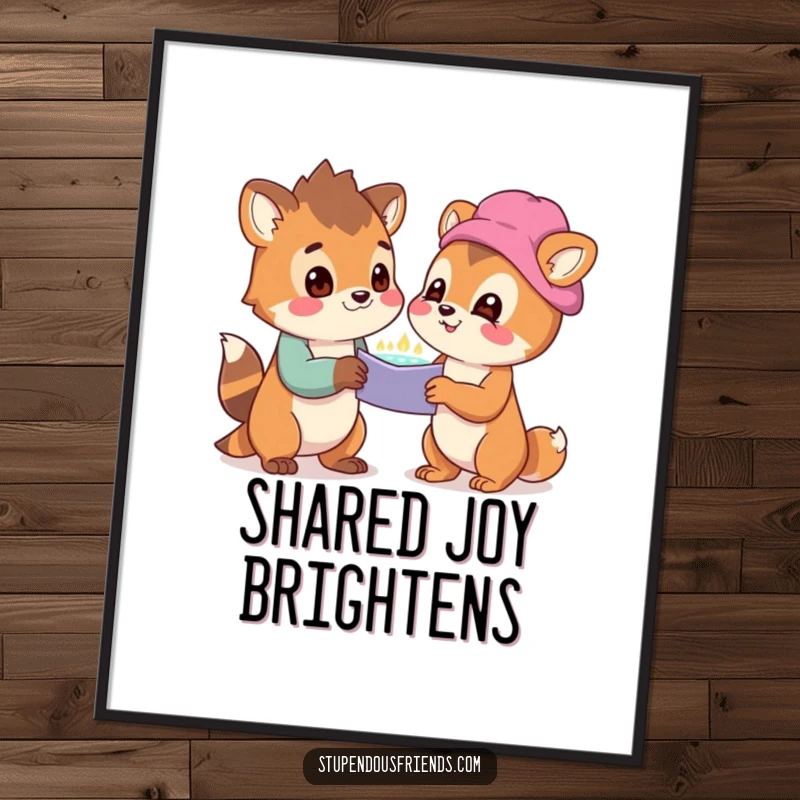 Funny Poster featuring two animals looking at a wondrous discovery with expressions of pure delight and shared amazement.