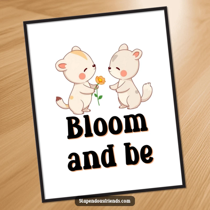 Funny poster showcasing an animal offering a flower to another with a gentle nod, symbolizing friendship, kindness, and heartfelt gestures.
