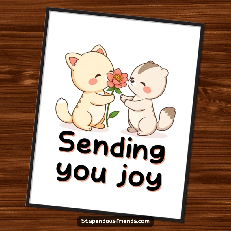 Funny poster illustrating an animal character extending a single, perfect blooming flower towards another, capturing a tender and kind moment.