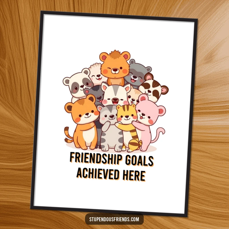 Funny Poster: A heartwarming and funny illustration of diverse animal friends in a massive, joyful hug. Perfect wall art for animal lovers.