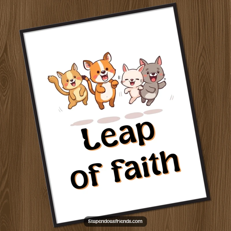 Funny poster capturing the dynamic action of animals playing tag, full of energetic leaps and joyful movement.