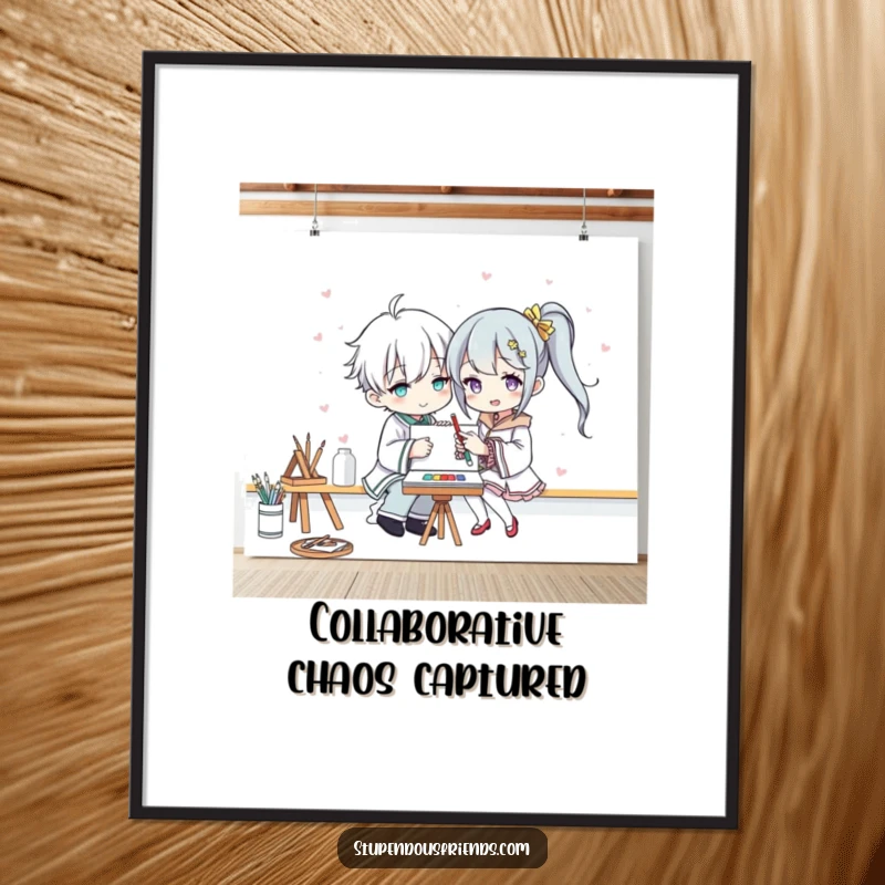 Funny poster showing two characters collaborating on a large, vibrant canvas, celebrating the joy and humor of shared artistic creation.
