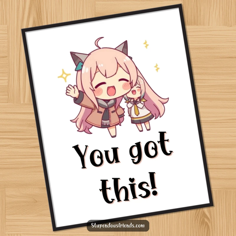 Funny poster showcasing a character in mid-cheer with dynamic gestures, capturing the spirit of enthusiastic encouragement and friendship.