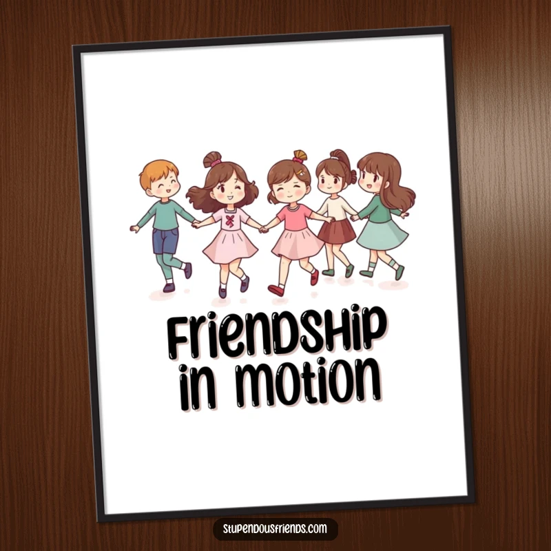 Funny poster print of friends holding hands and skipping in a circle, evoking feelings of joy, unity, and lighthearted fun.