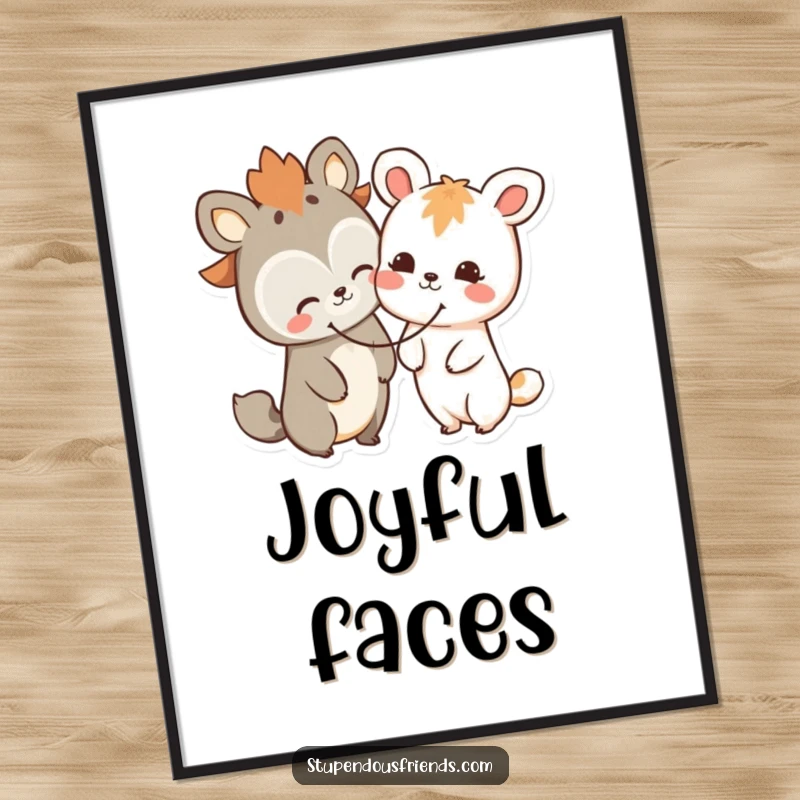 Funny animal characters poster, two pals sharing a giant, beaming smiley face, symbolizing joy and companionship.