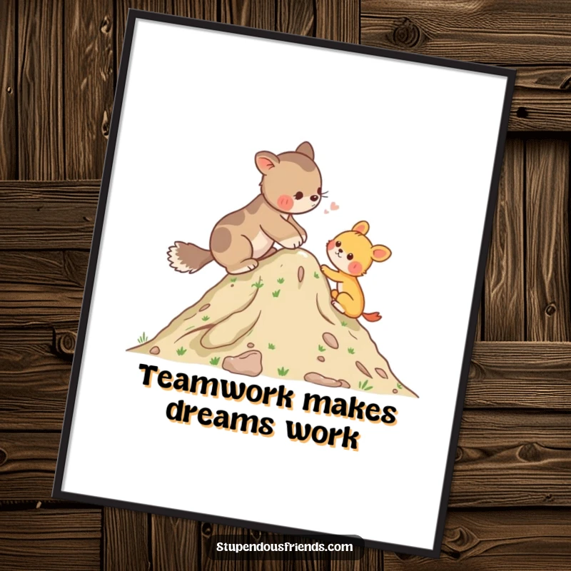 Funny Poster showing an animal helping another up a small hill, conveying a message of support and friendship through cartoon art.