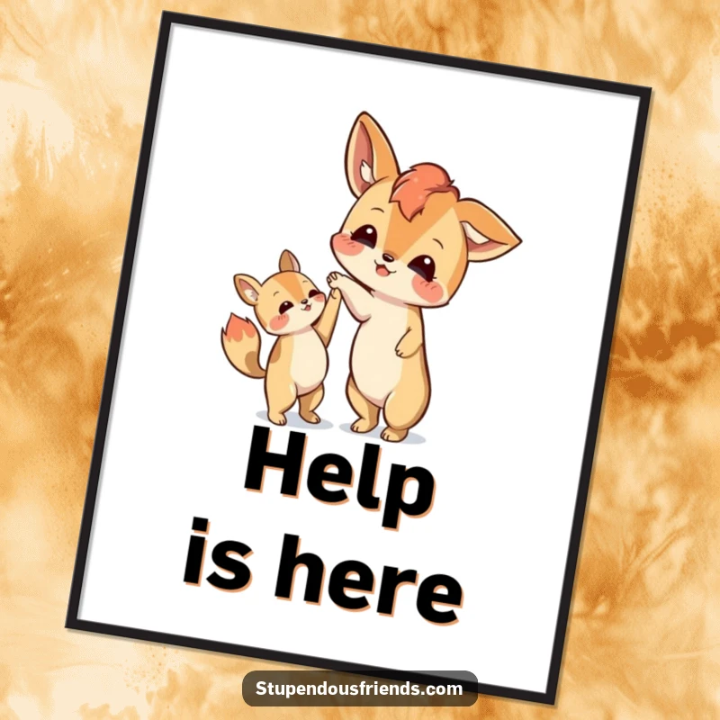 Funny poster art of an animal character kindly extending a paw to lift another character, symbolizing friendship and aid.
