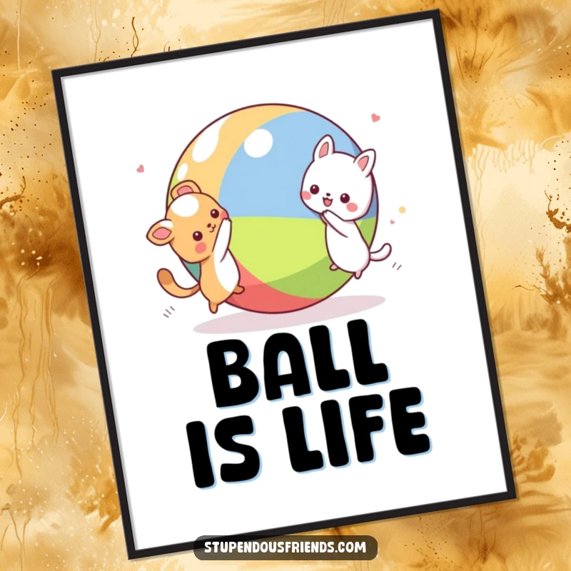 Funny Kawaii animal characters chasing a giant ball in a dynamic scene, displayed as a colorful wall poster, perfect for humorous home decor.