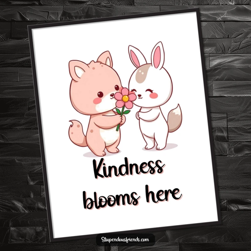 Funny Kawaii animal character presenting a bright flower to another on a wall poster, a humorous and touching piece of art for gifting.