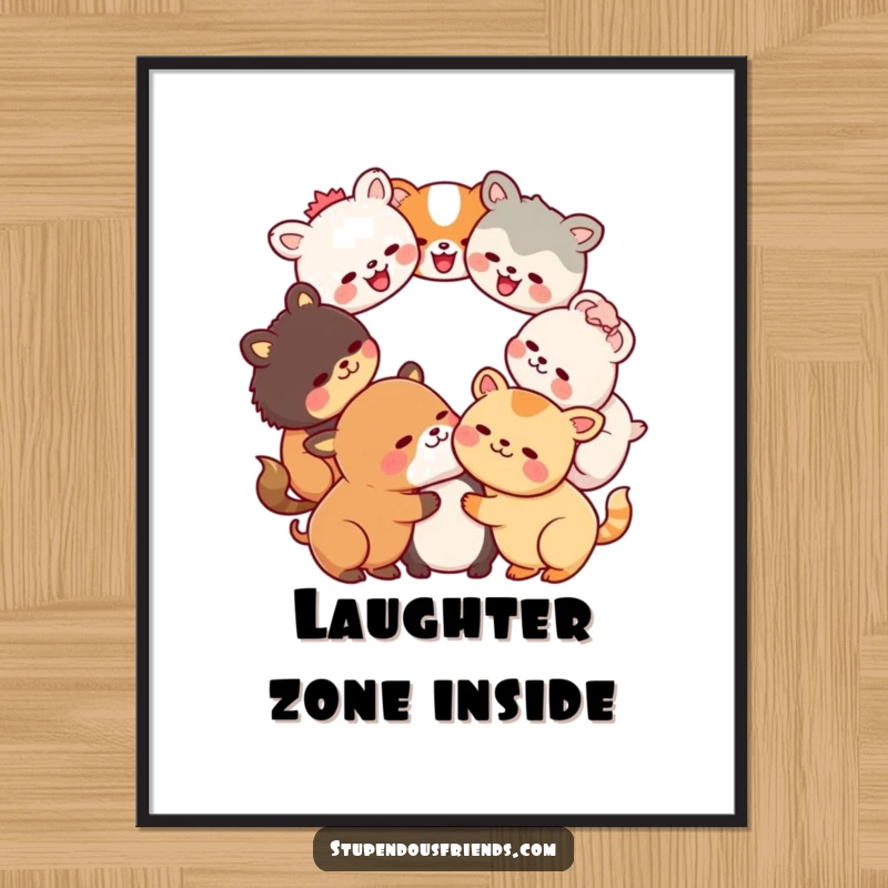 Funny Kawaii animals in a laughing circle on a vibrant wall poster, a humorous and joyful piece of art for gifting.
