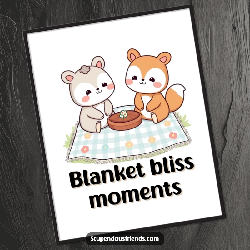 Funny poster art of two smiling animal characters having a delightful picnic together outdoors on a sunny day.