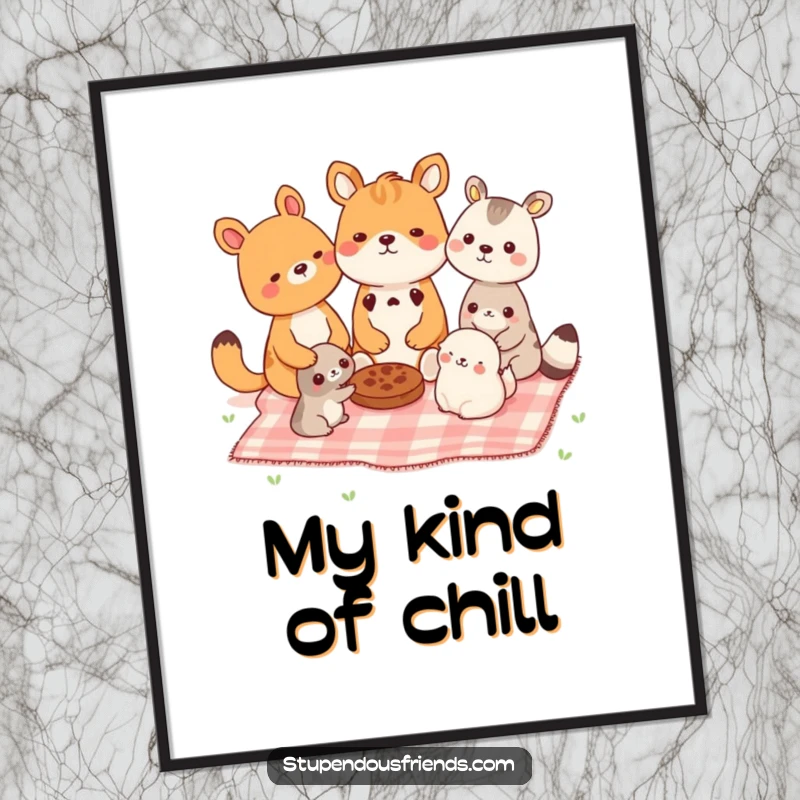 Funny poster illustrating animals having a delightful picnic, emphasizing friendship and shared moments. A cheerful funny gift.