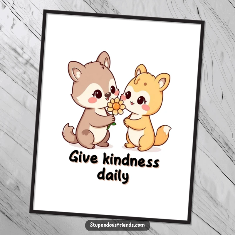 Funny Poster: An animal with a beaming smile offers a flower, symbolizing kindness, love, and thoughtful gestures.