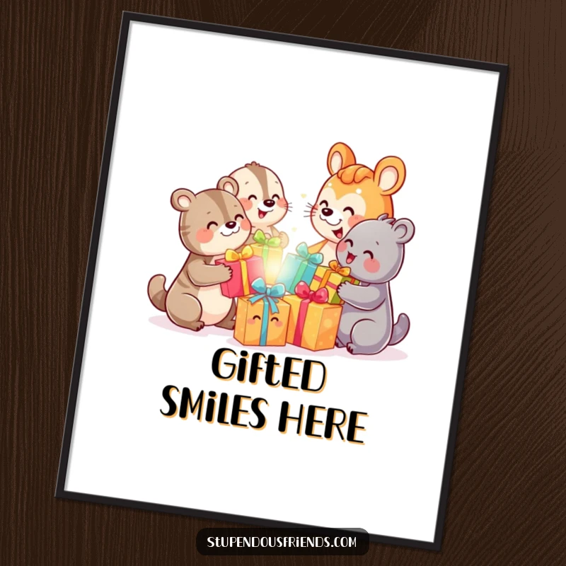 Funny poster illustrating a heartwarming scene of diverse animal characters joyfully exchanging colorful gifts with bright smiles.