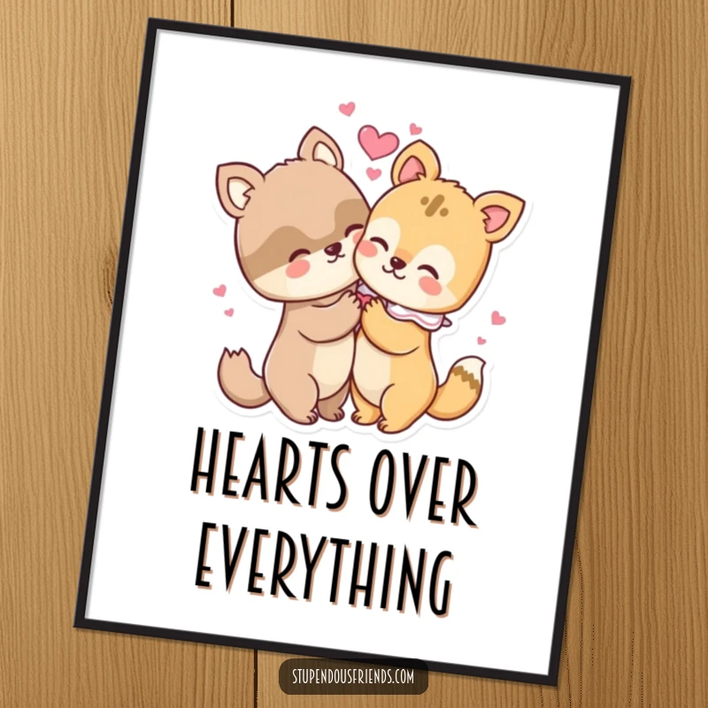 Funny poster showcasing two animal friends locked in a tender hug, with vibrant hearts symbolizing their strong, loving bond.