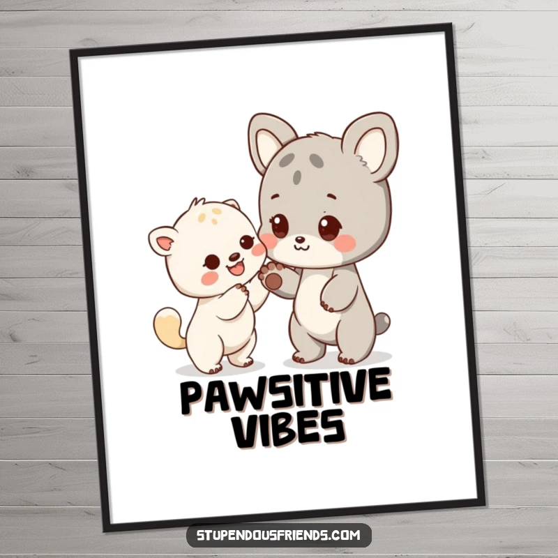 Funny poster depicting an animal character extending a paw to another, illustrating kindness, friendship, and support.