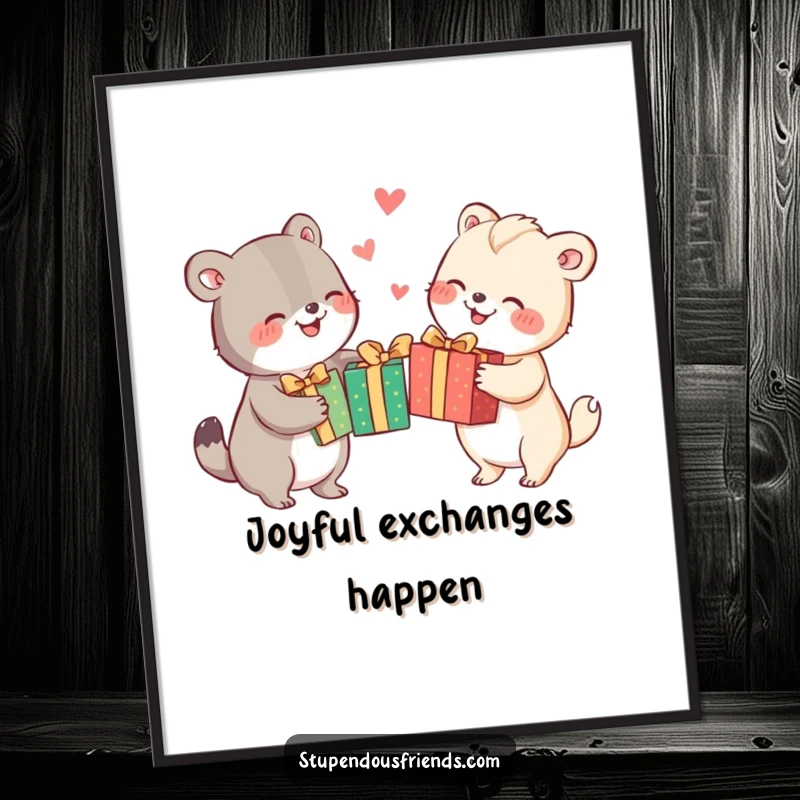 Funny animal characters joyfully exchanging brightly wrapped gifts, creating a festive and humorous scene on this wall art poster.