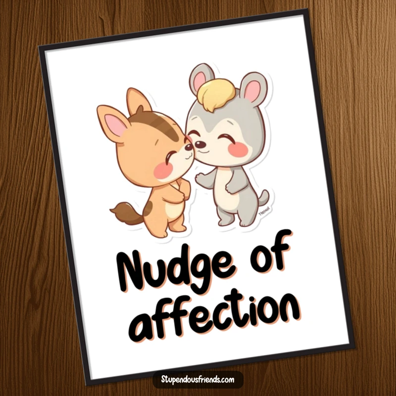 Funny poster illustrating a cute animal character playfully nudging a friend with its nose, conveying sweet connection.