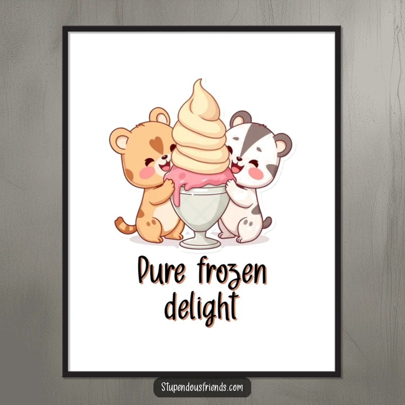 Funny animal characters delightedly sharing a single, oversized scoop of ice cream, creating a sweet and hilarious scene on this art print.