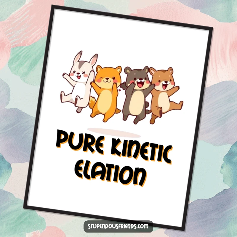 Funny animal characters captured mid-air, executing a perfect synchronized leap, adding hilarious and playful energy to this wall art poster.