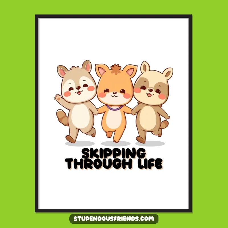 Funny Animal Friends Skipping Poster: Vibrant Art for a Hilarious, Joyful Home