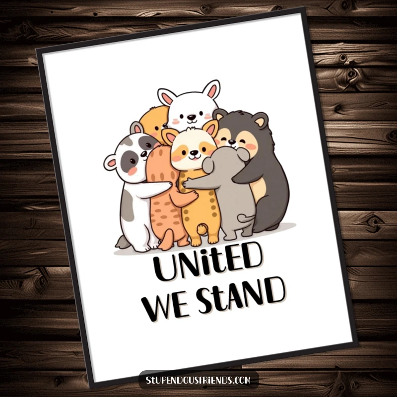 Funny animal friends poster, a group huddled together with arms around each other, symbolizing camaraderie and mutual support.