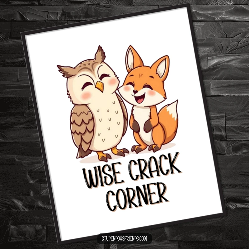 Funny poster artwork of an owl and a fox roaring with laughter, creating a lively and humorous atmosphere on your wall.