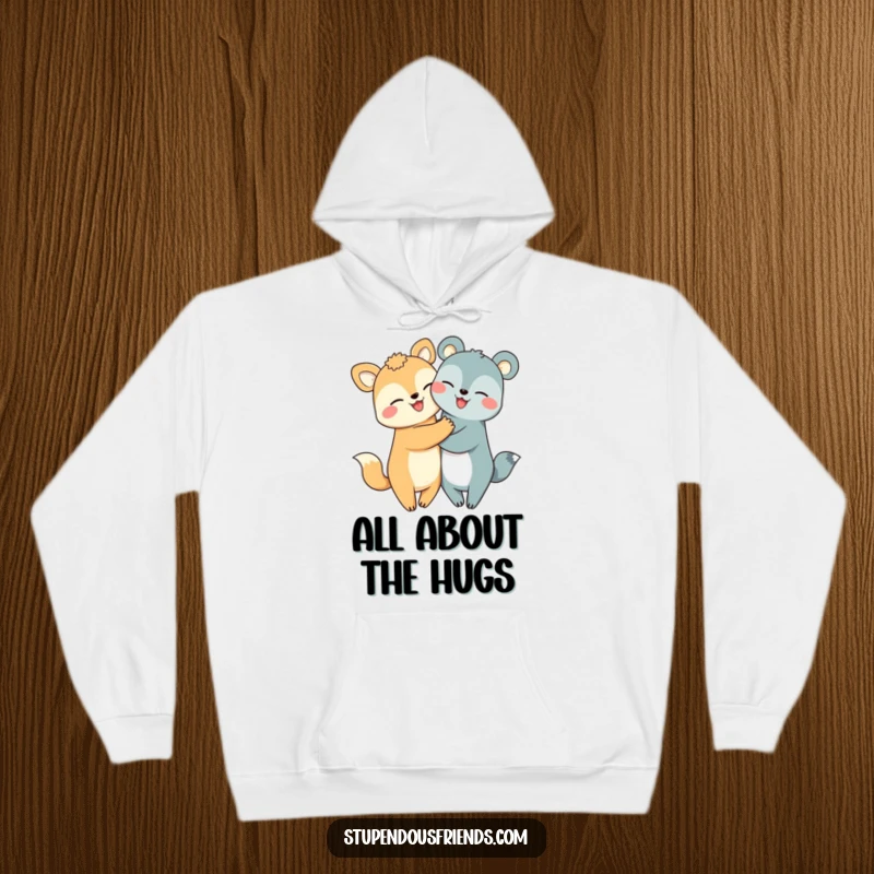 Funny hugging animals hoodie featuring two smiling creatures in a warm embrace, exuding coziness and happiness.
