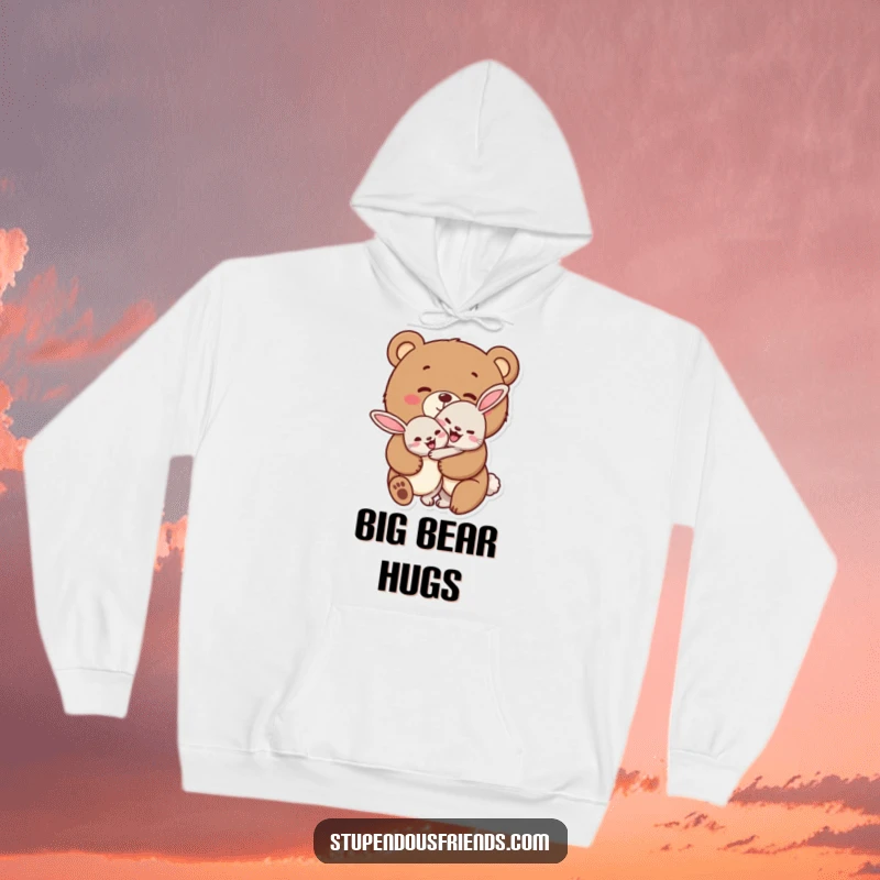 Funny bear and rabbit hoodie, giving a cheerful hug to each other, offering cozy warmth and sweet affection.