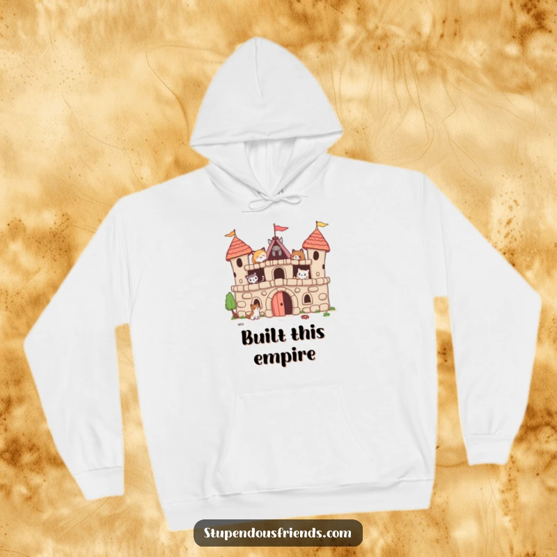 Funny hoodie with adorable animal friends working together to construct a whimsical fort, perfect for cozy, playful vibes.