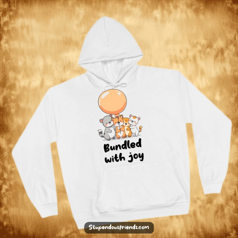 Funny Hoodie with animal characters sharing a large, colorful balloon, their beaming faces symbolizing shared happiness and cozy fun.