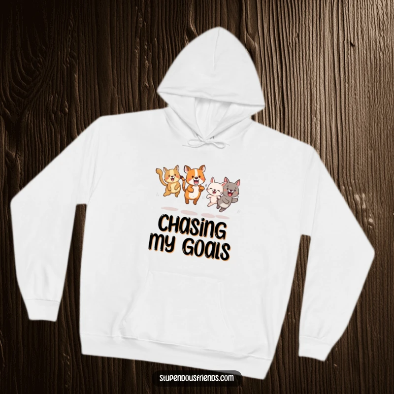 Funny hoodie designed with animals caught in the exciting action of playing tag, full of leaps and energy.
