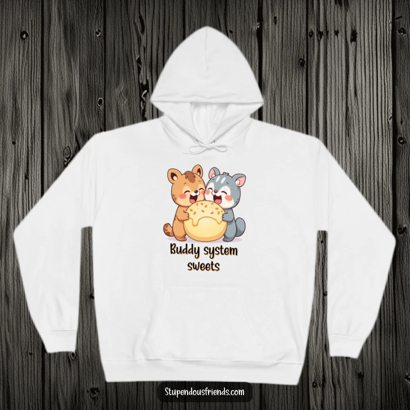 Funny hoodie depicting two happy animal characters bonding over a giant, delicious-looking treat, emphasizing togetherness.