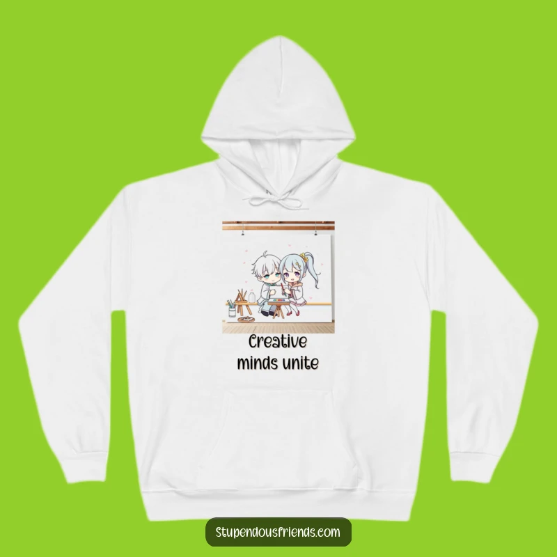 Cozy Funny Art Jam Hoodie: Two Characters Painting Together, Warm Creative Gift