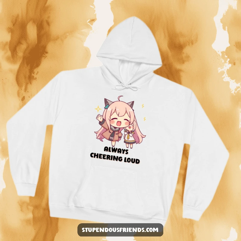 Funny hoodie featuring a character performing energetic cheers and gestures, symbolizing unwavering support and enthusiastic friendship in a cozy design.