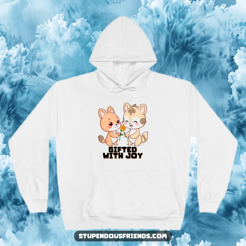 Funny hoodie showing a sweet animal character offering a delicate flower with a genuine smile to a companion.
