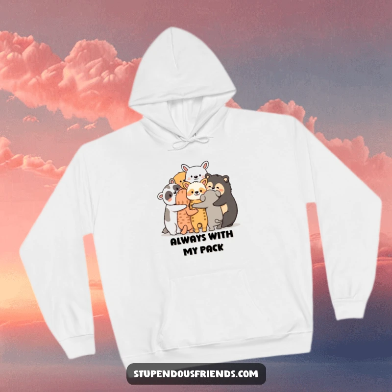 Funny animal friendship hoodie, a group huddled together with arms around each other, offering cozy warmth and solidarity.