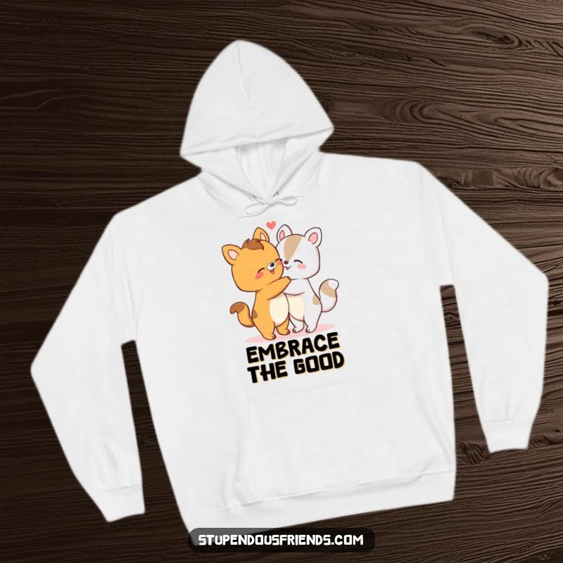 Funny hoodie with two animals embracing warmly, radiating comfort and affection. A comforting funny gift.