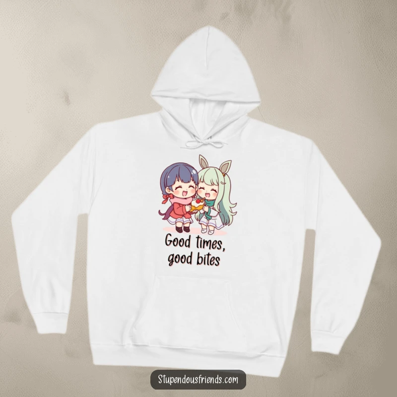 Funny Hoodie: A character generously shares a yummy treat with a delighted friend. This cozy and funny apparel celebrates connection.