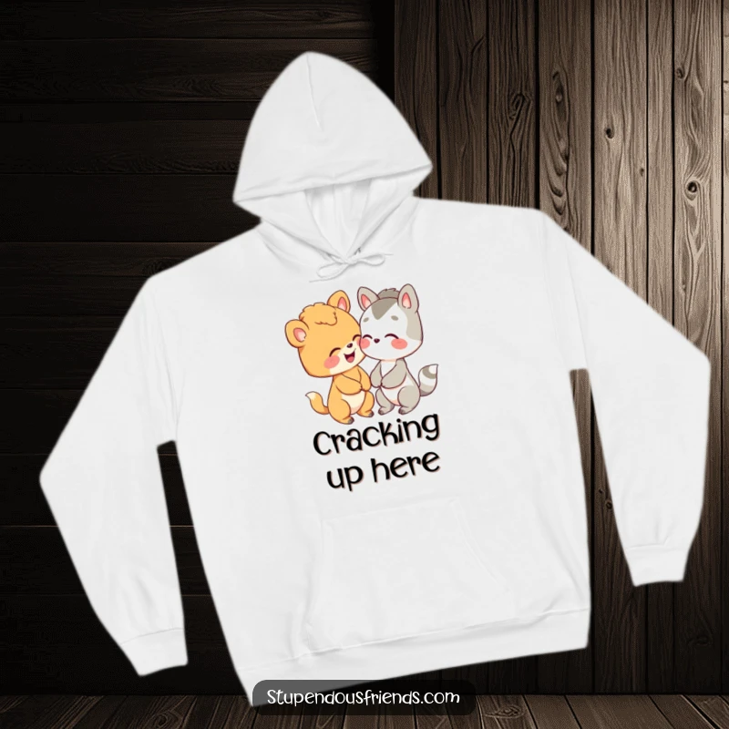 Funny hoodie with cute, stylized animals sharing a private joke and giggling together, perfect for cozy comfort.