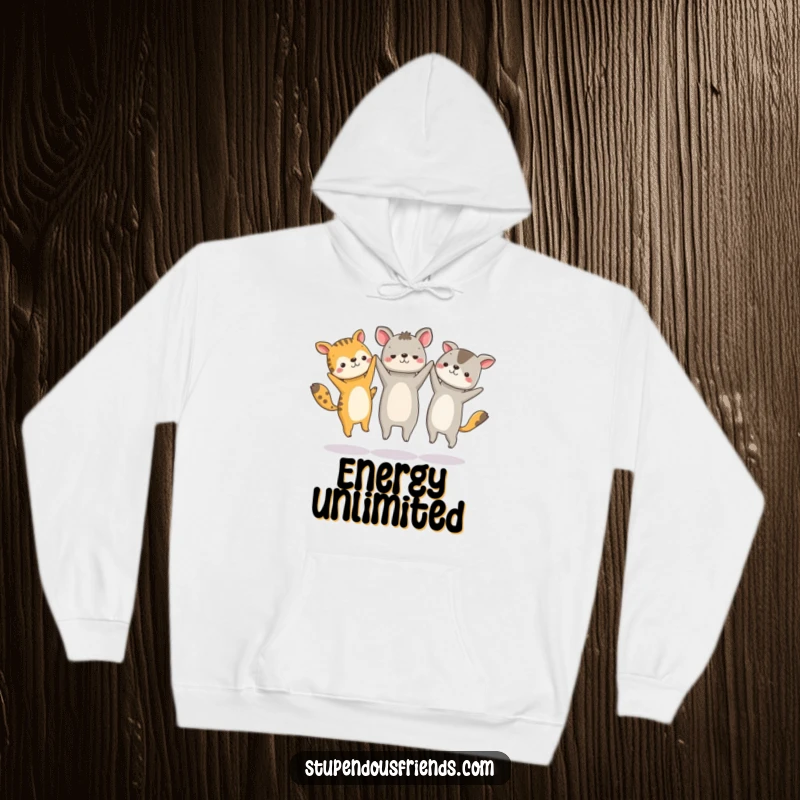 Funny hoodie depicting a circle of happy animal characters holding hands and jumping with infectious energy and excitement.
