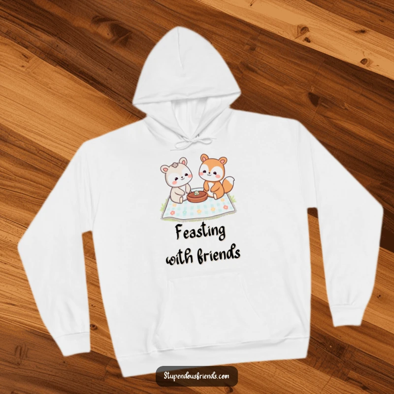 Funny hoodie design of two cheerful animal characters having a delightful picnic together on a checkered blanket.