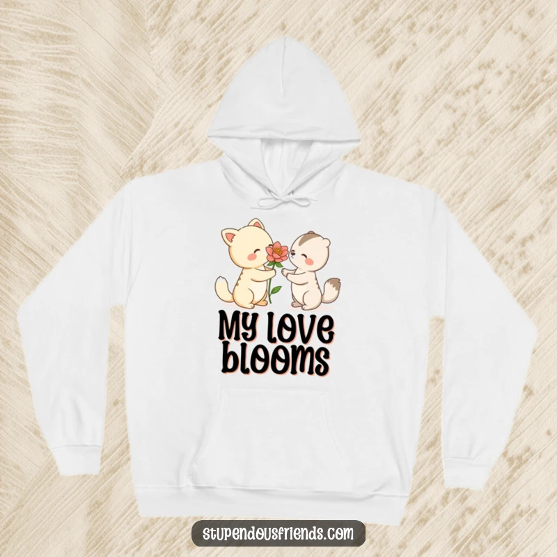 Funny hoodie with an animal character offering a delicate, blooming flower to another, embodying warmth, kindness, and thoughtful gestures.
