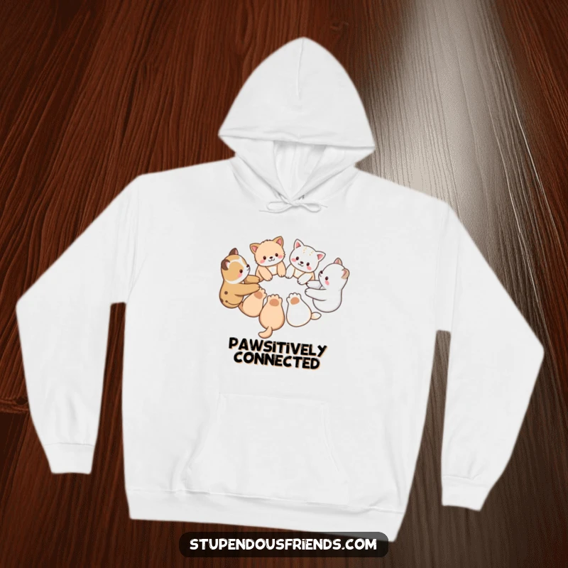 Funny hoodie depicting a group of cute animal characters holding each other's paws in a circle, promoting a sense of community.